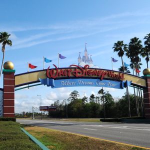 The entrance to Disney World is deserted on the first day of...