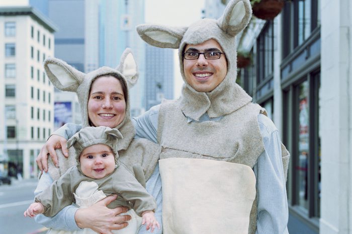 Family dressed in kangaroo costumes, downtown Seattle, USA