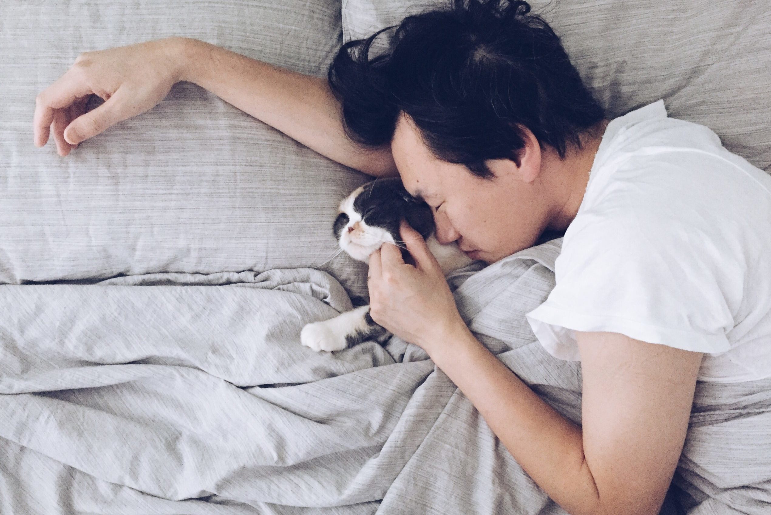 High Angle View Of Young Man With Kitten Sleeping On Bed At Home