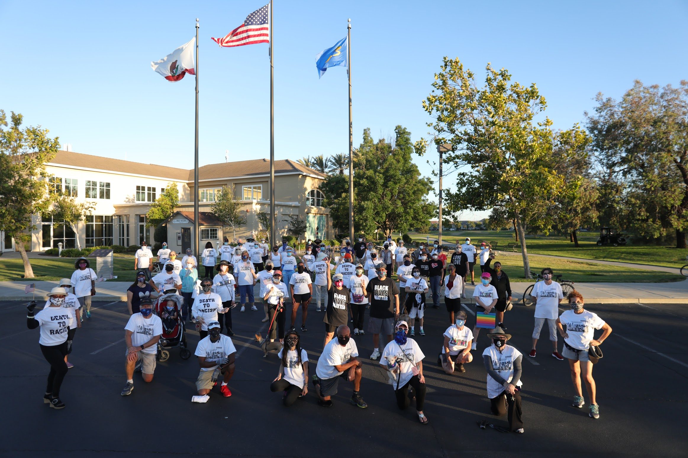 the walking group by the flagpoles