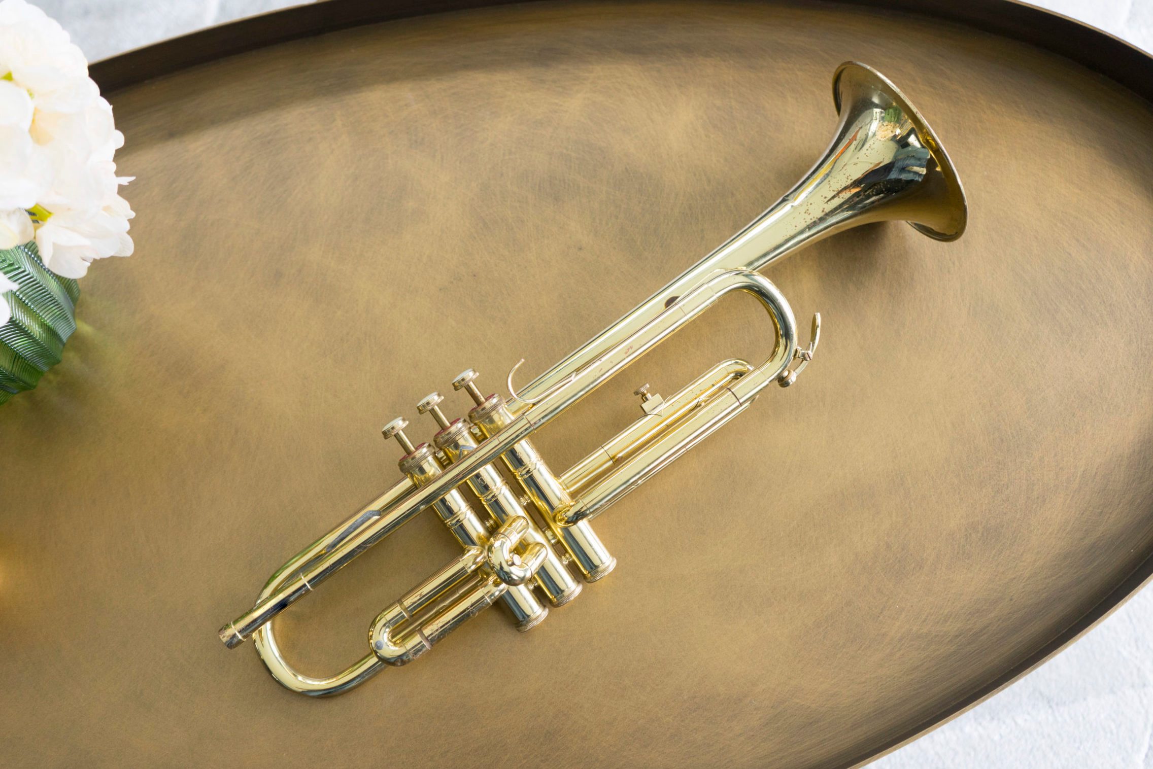 brass trumpet on table.