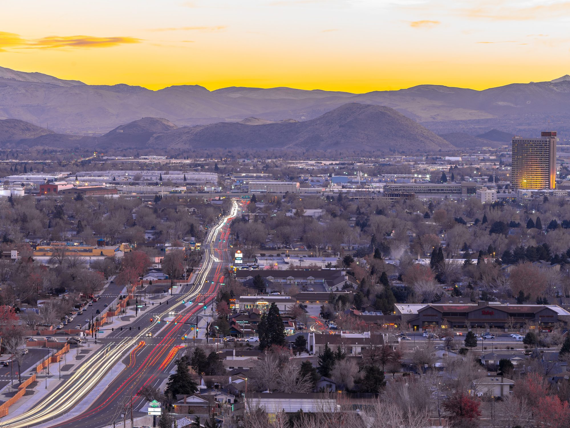 Long exposure City of Sparks, Nevada cityscape at sunset.