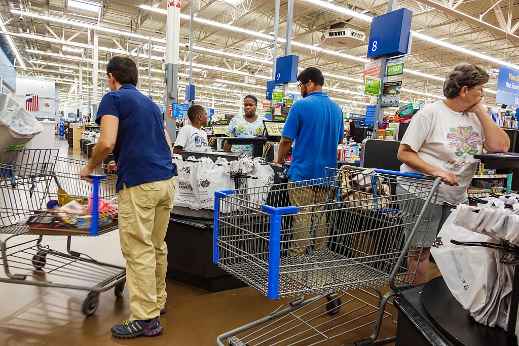Walmart department store checkout line.