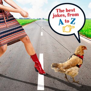 woman walking a chicken across the road