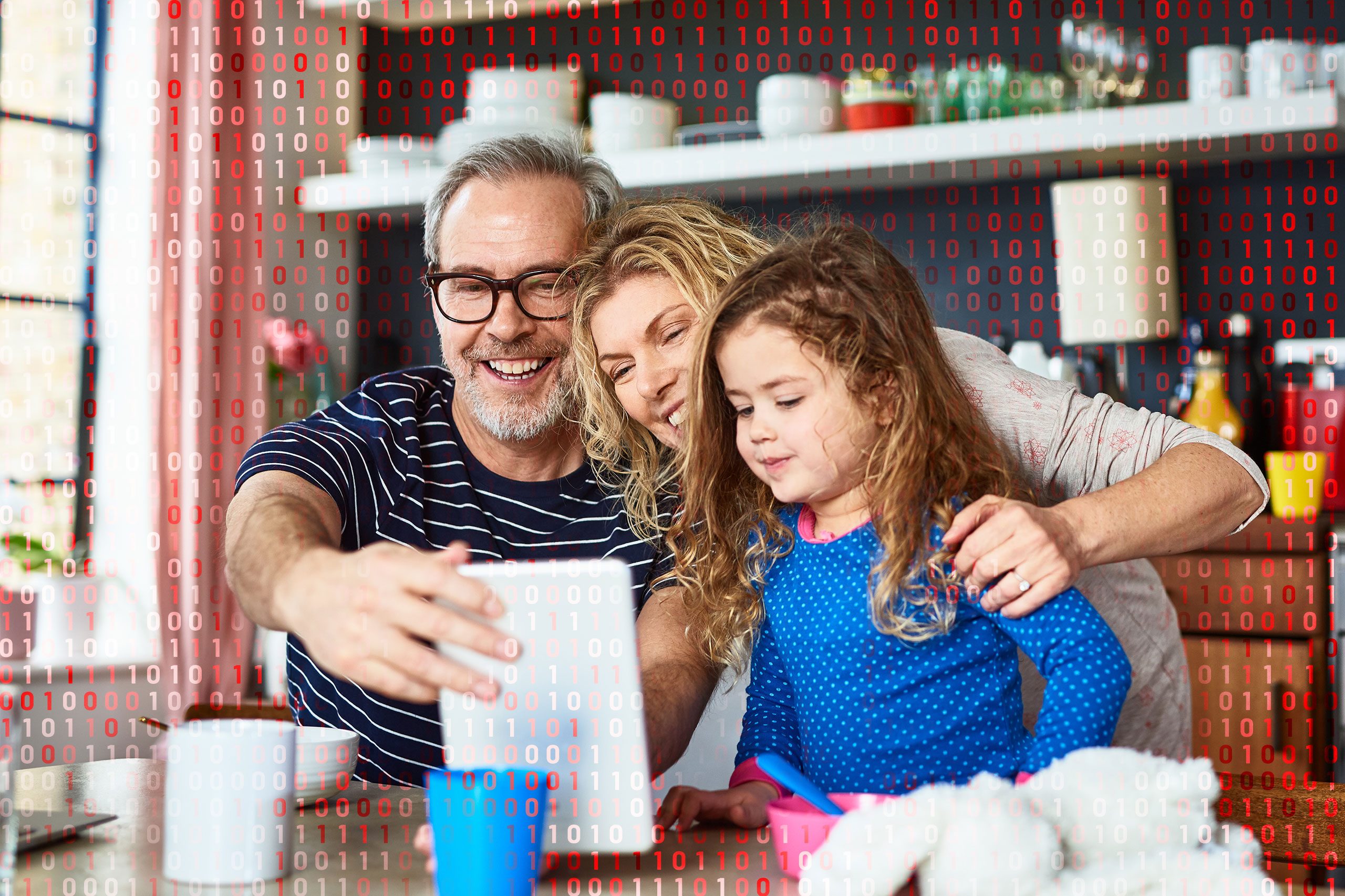 family using zoom; computer code overlay