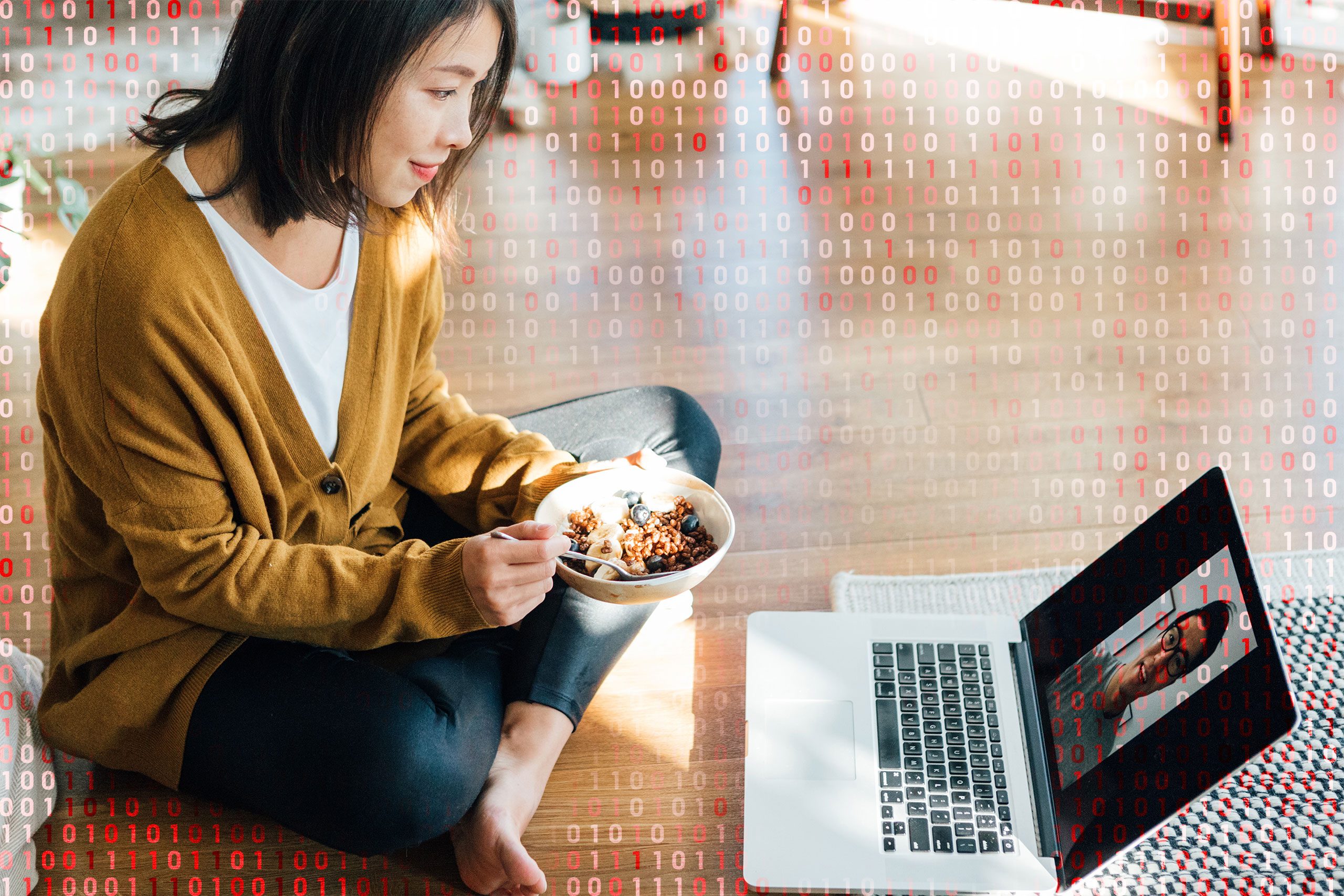 woman eating cereal while using zoom; computer code overlay