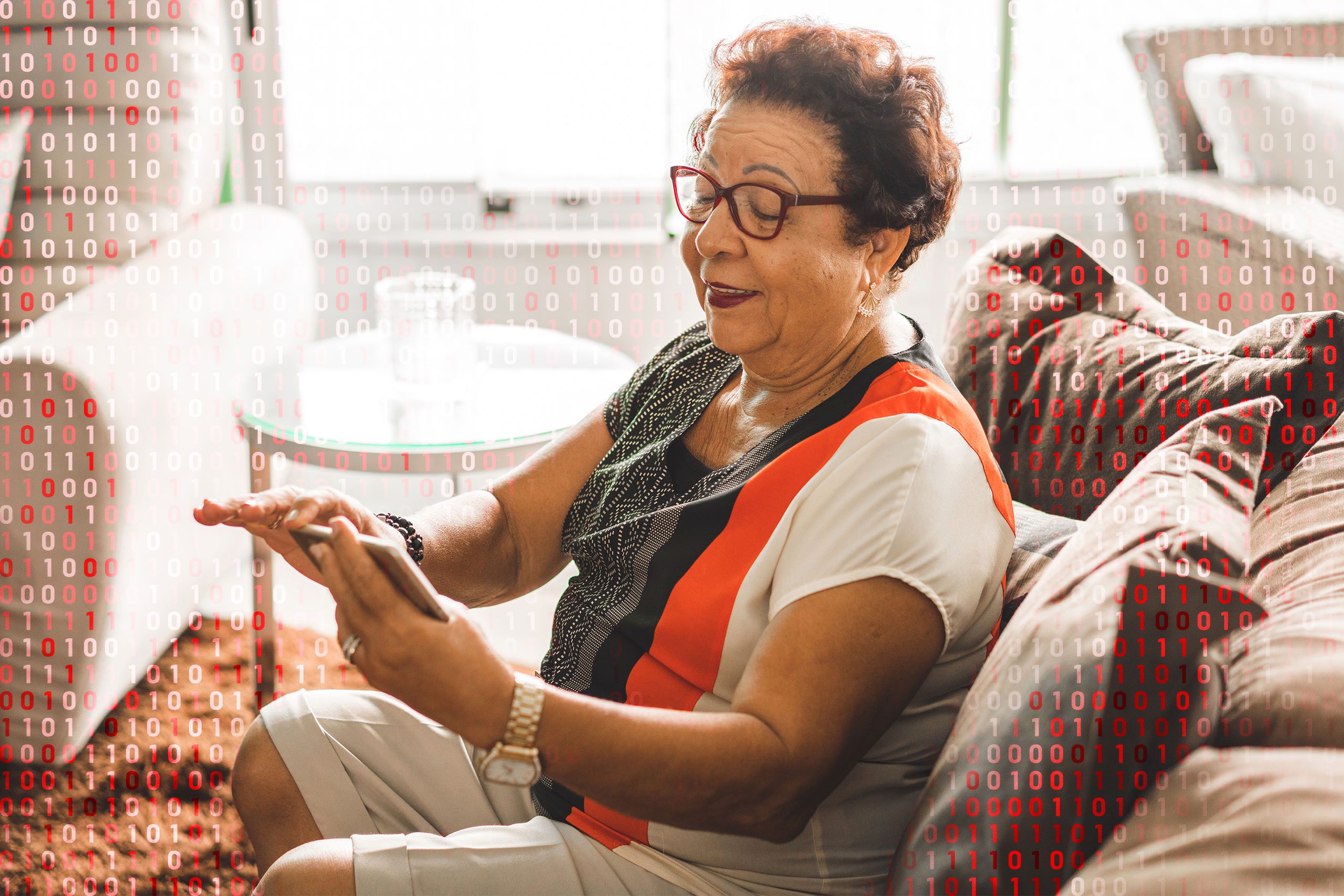 woman using zoom; computer code overlay