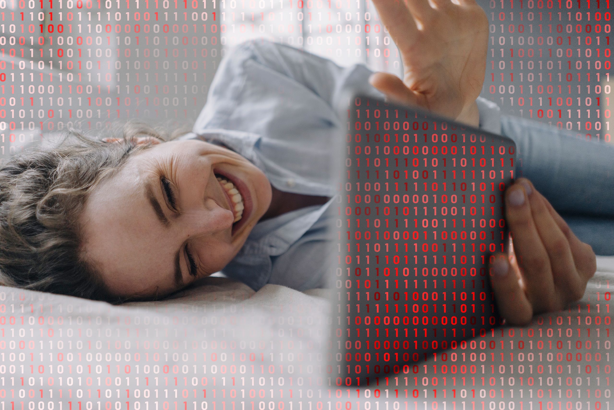 woman using zoom; computer code overlay