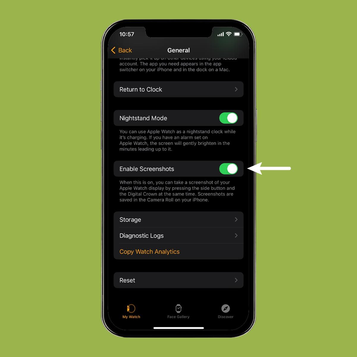 Hidden Apple Watch feature enabling screenshots on a green background