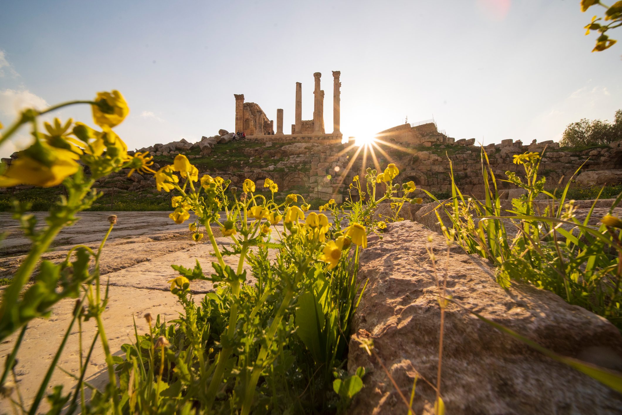 Panoramic view of Oval plaza with Ionic columns and Jerash city background, Jerash, Jordan