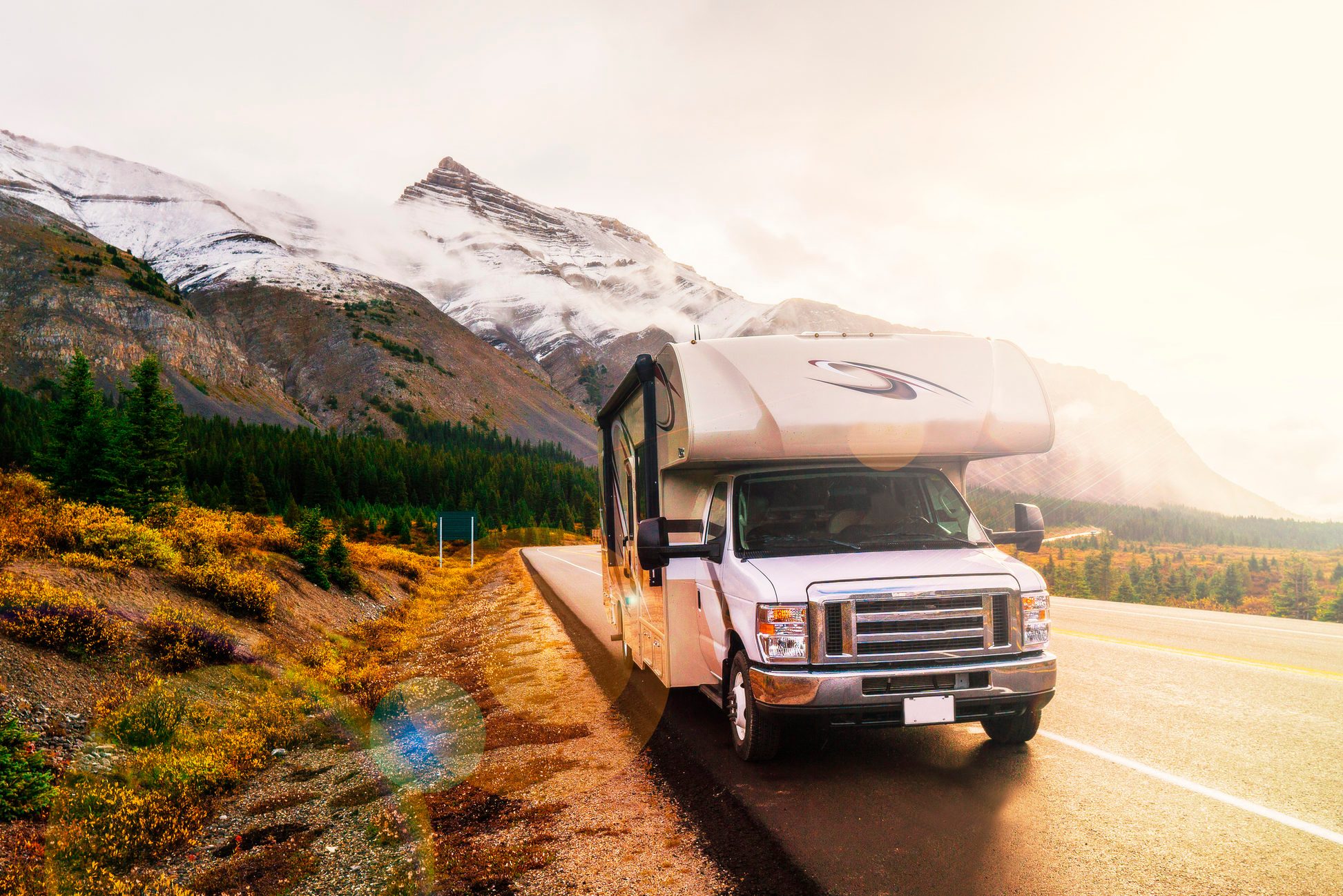 RVing In The Mountains In Class C Motorhome Landscape At Sunset