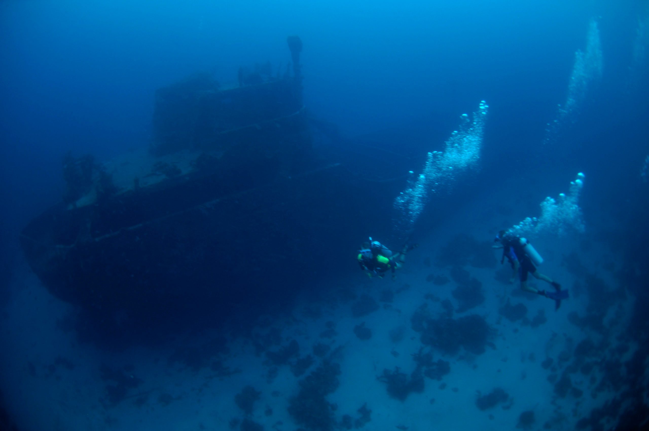 Superior Producer wreck dive Ship lies at 85-100 feet on sand flat Curacao, Netherlands Antilles Digital Photo (horizontal)