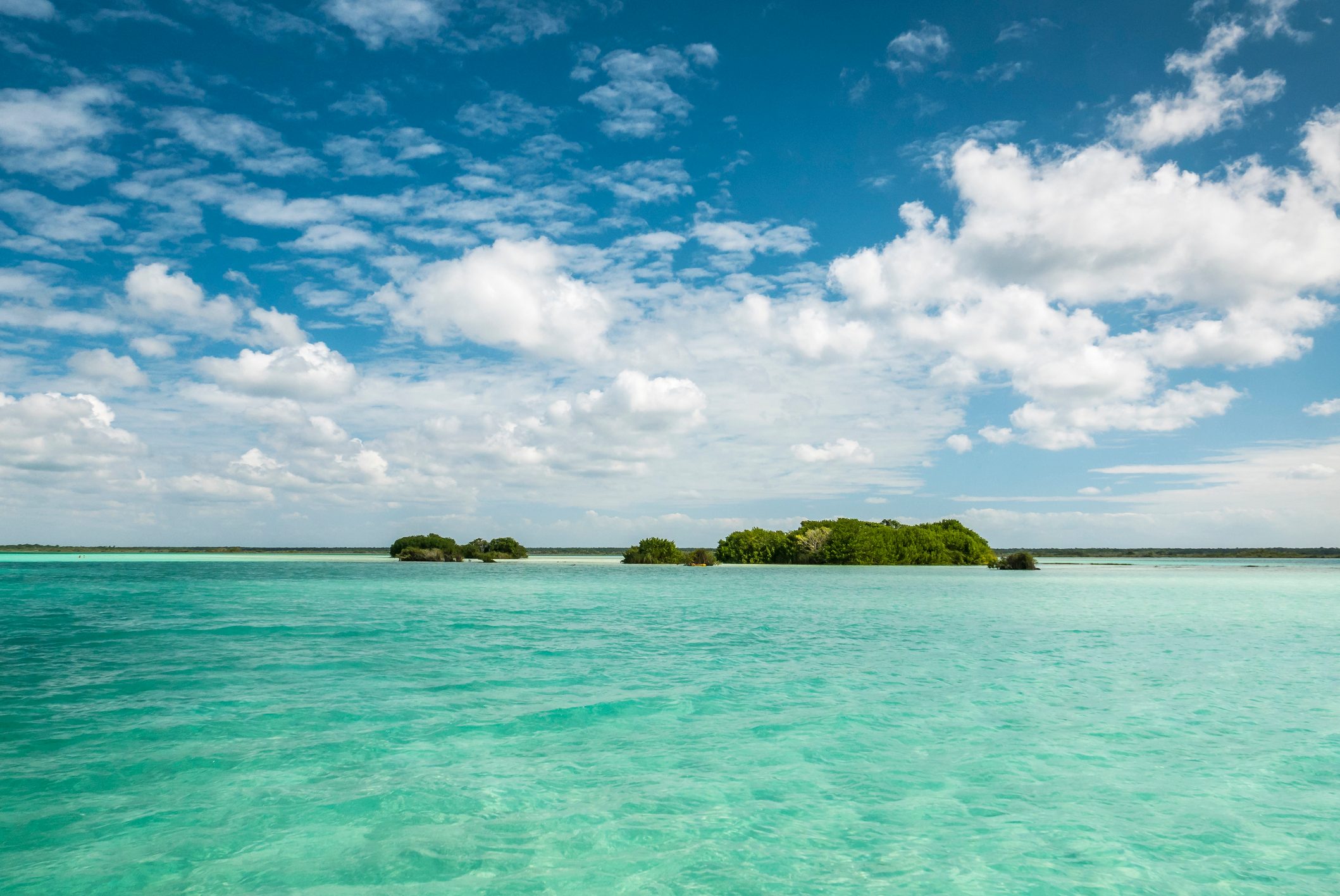 Beautiful view of caribbean lagoon Bacalar. Seven Color water