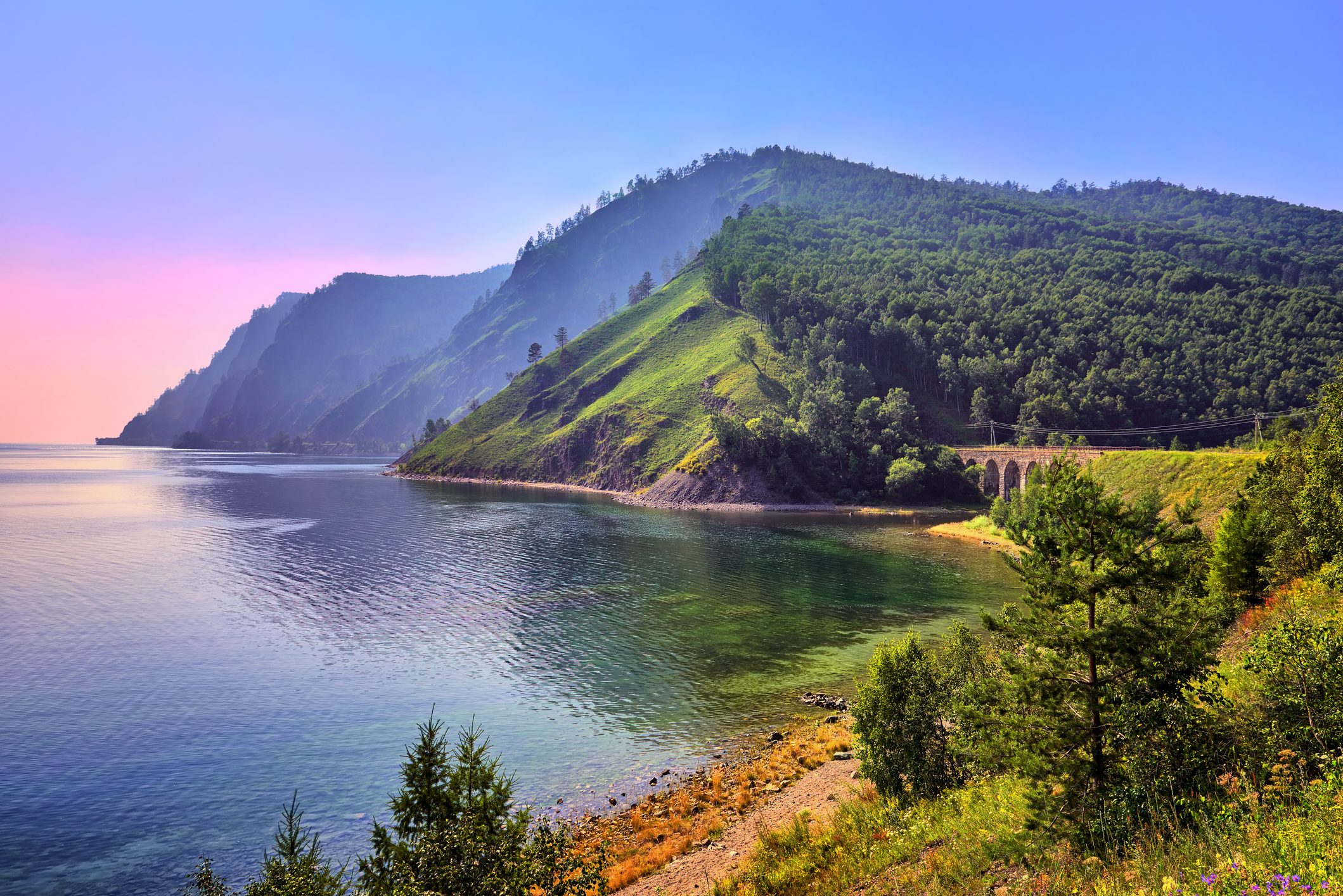 Baikal landscape with an old railway bridge