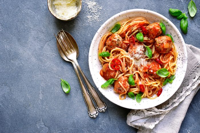 Spaghetti with meatballs in tomato sauce