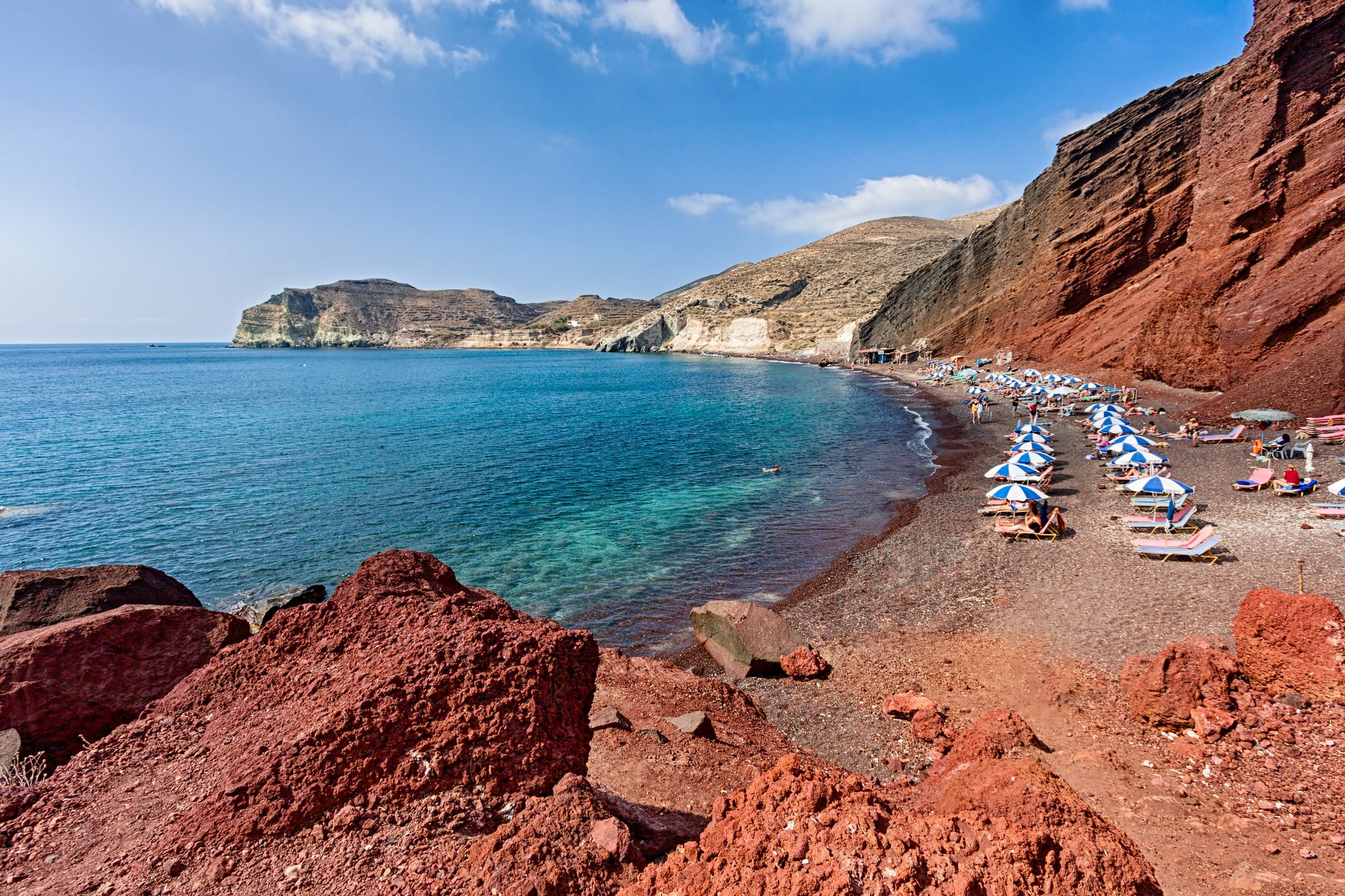 High up view of famous Red Beach, Santorini, Greece