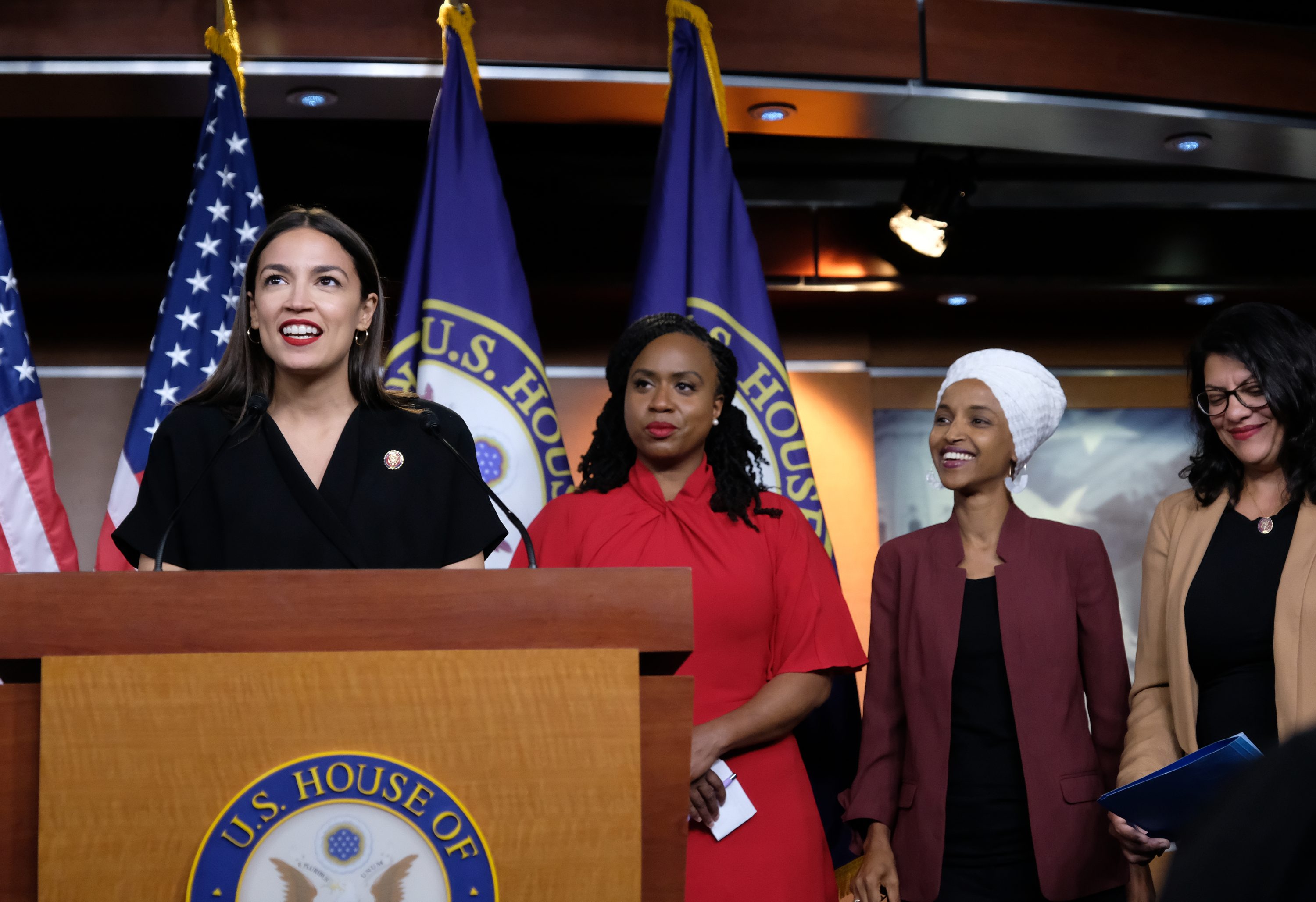 Congresswomen Ocasio-Cortez, Tlaib, Omar, And Pressley Hold News Conference After President Trump Attacks Them On Twitter