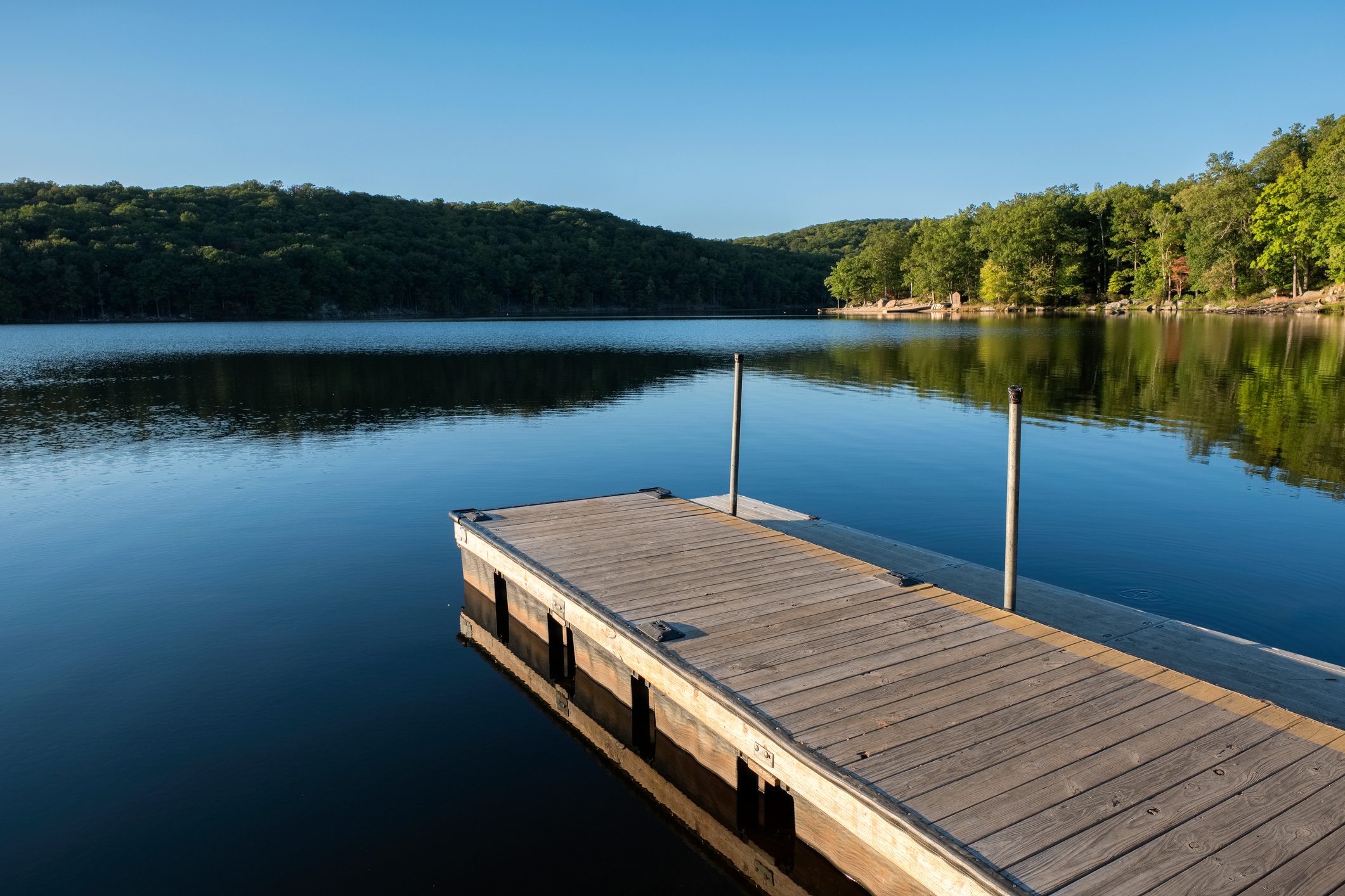 Dock at Lake Sebago, Harriman State Park, New York, USA.