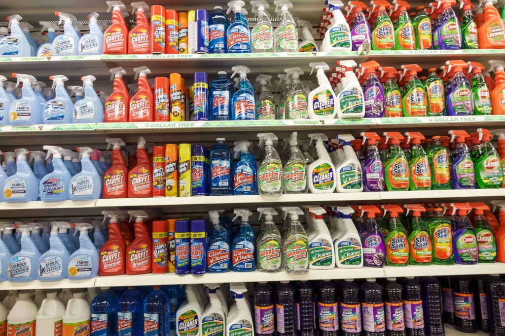 Shelves of cleaning products for sale at the Dollar Tree at Park Shore Plaza.