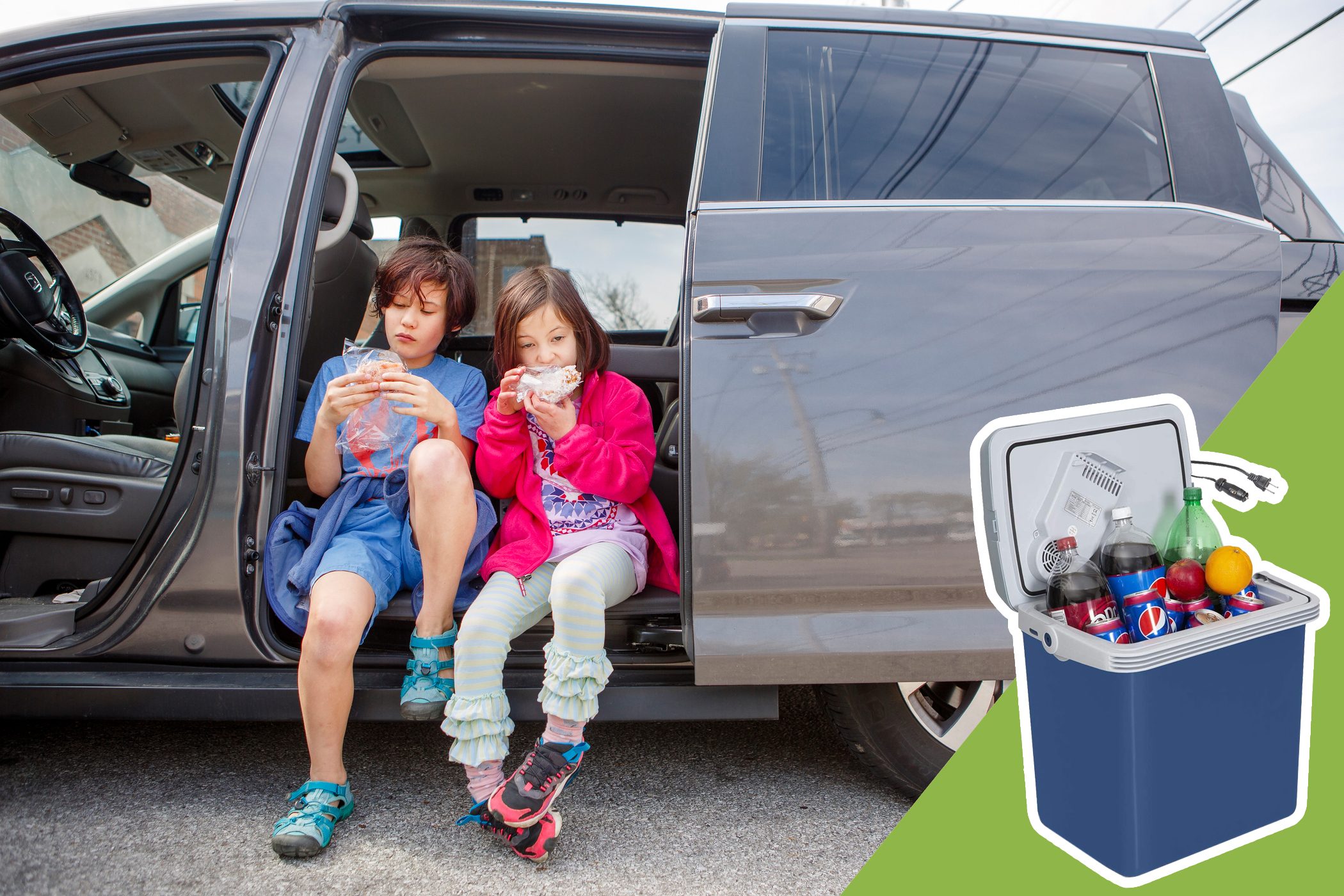 kids eating food in the mini van