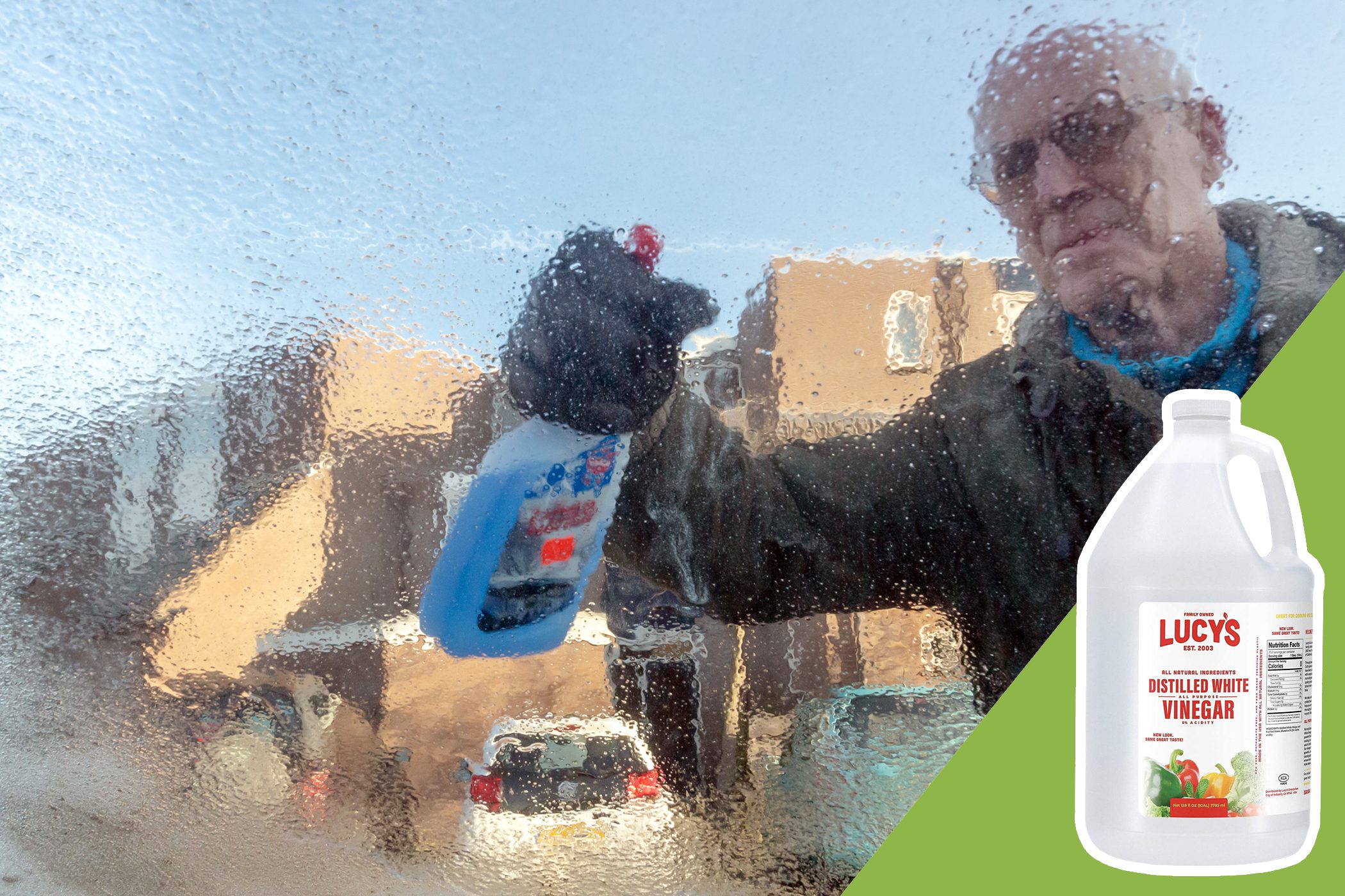 man spraying windshield with inset of vinegar to buy