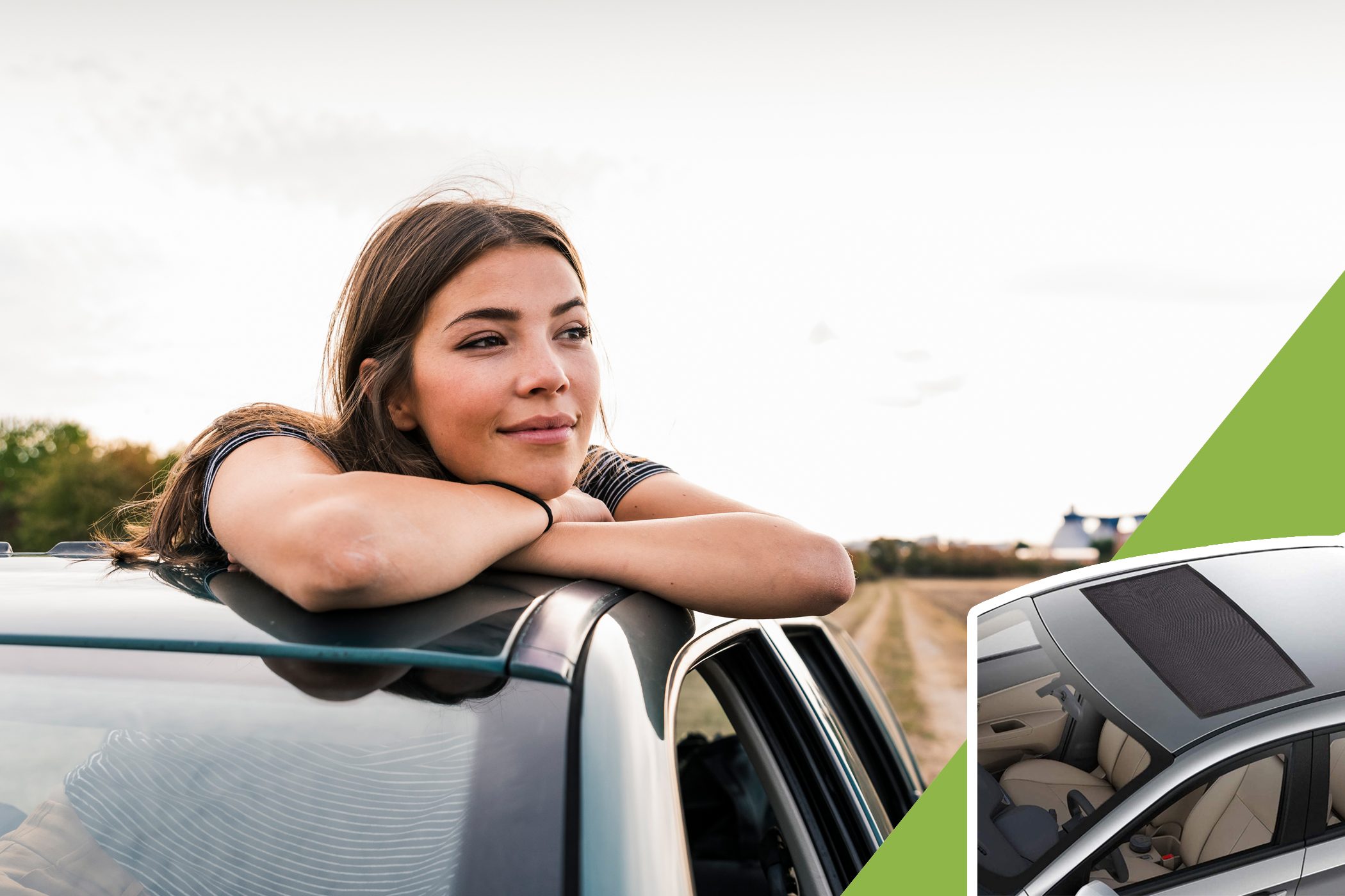 woman looking out sunroof with inset of sunroof screen