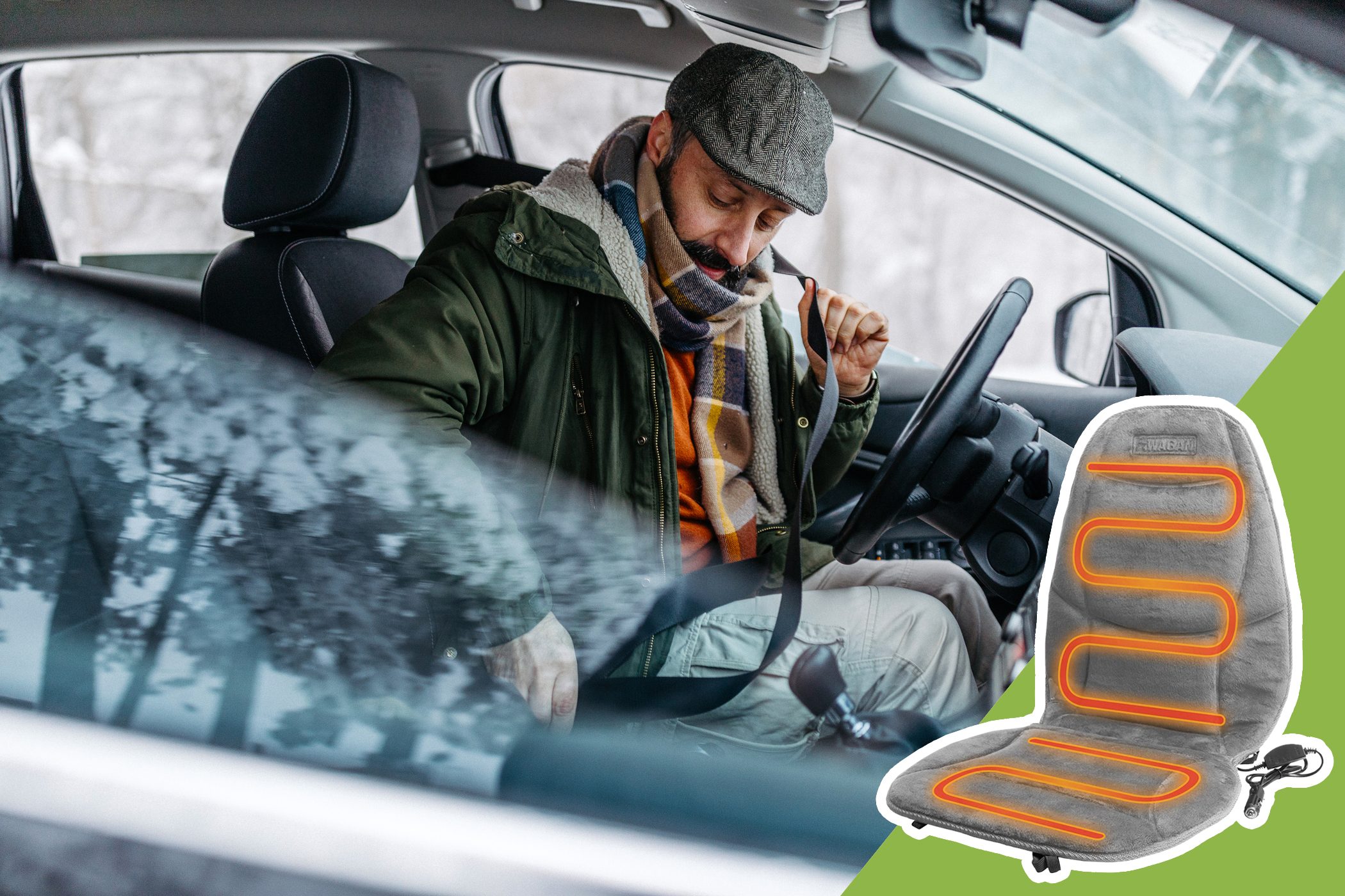 man buckling seatbelt in the winter with inset of seat warmer to buy