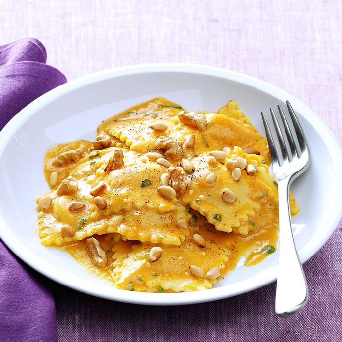 Cheese ravioli with pumpkin alfredo sauce