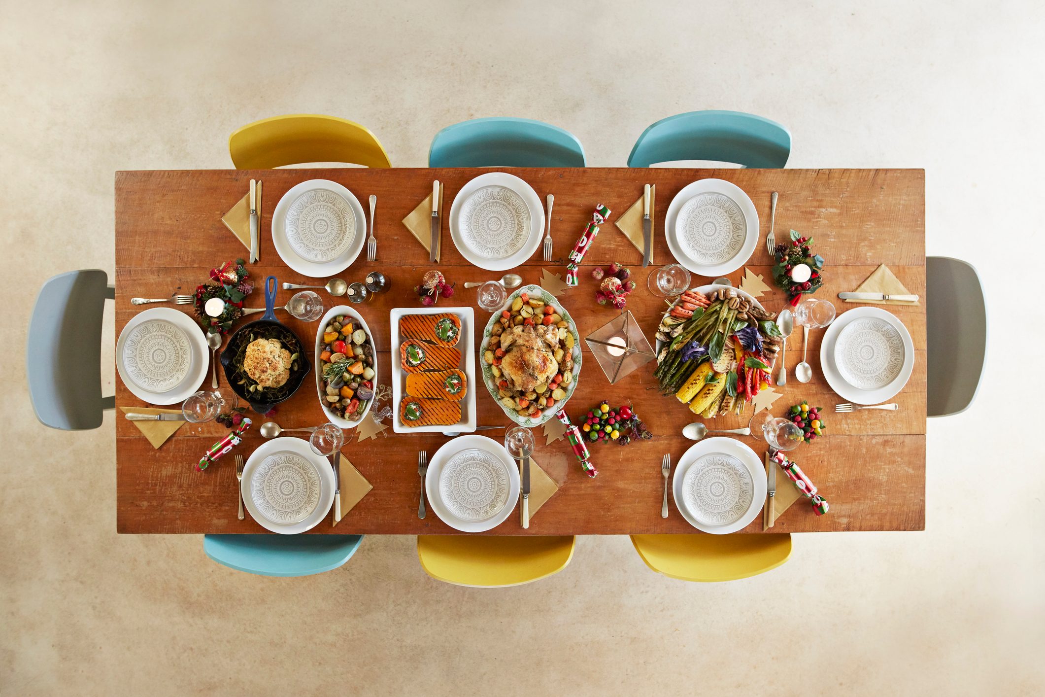 Directly above shot of mainly vegan meal served on table