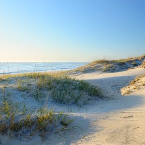 Warm light of sunrise along beach and sand dunes at Cape Hatteras in the Outer Banks of North Carolina.