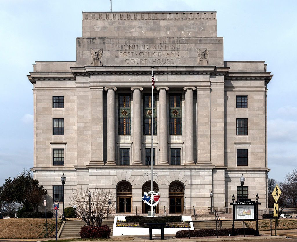 The federal courthouse and post office in Texarkana. Like the city, this building is half in Texas (