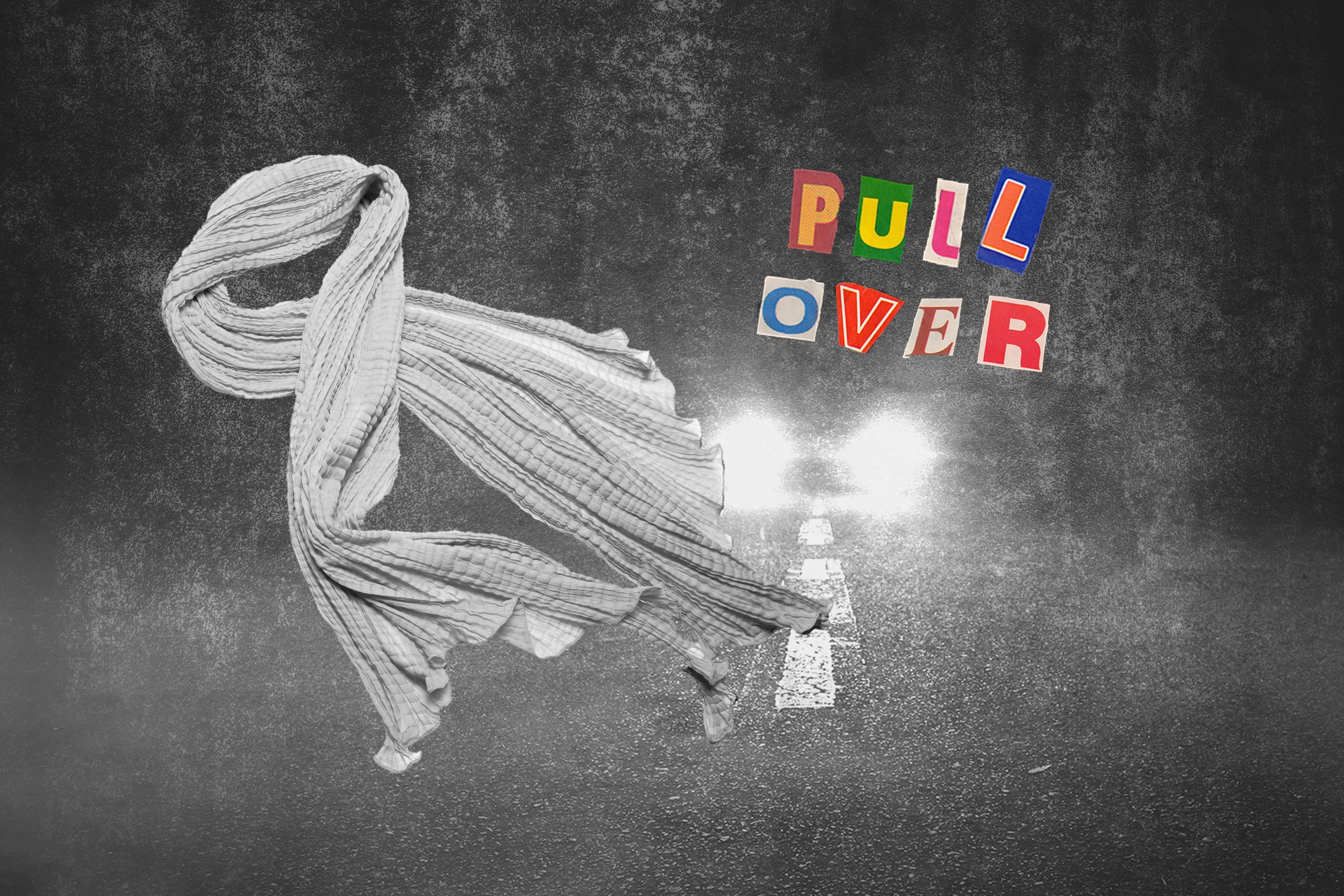 Daughter's Scarf On Background Of Car Headlights With Text Pull Over