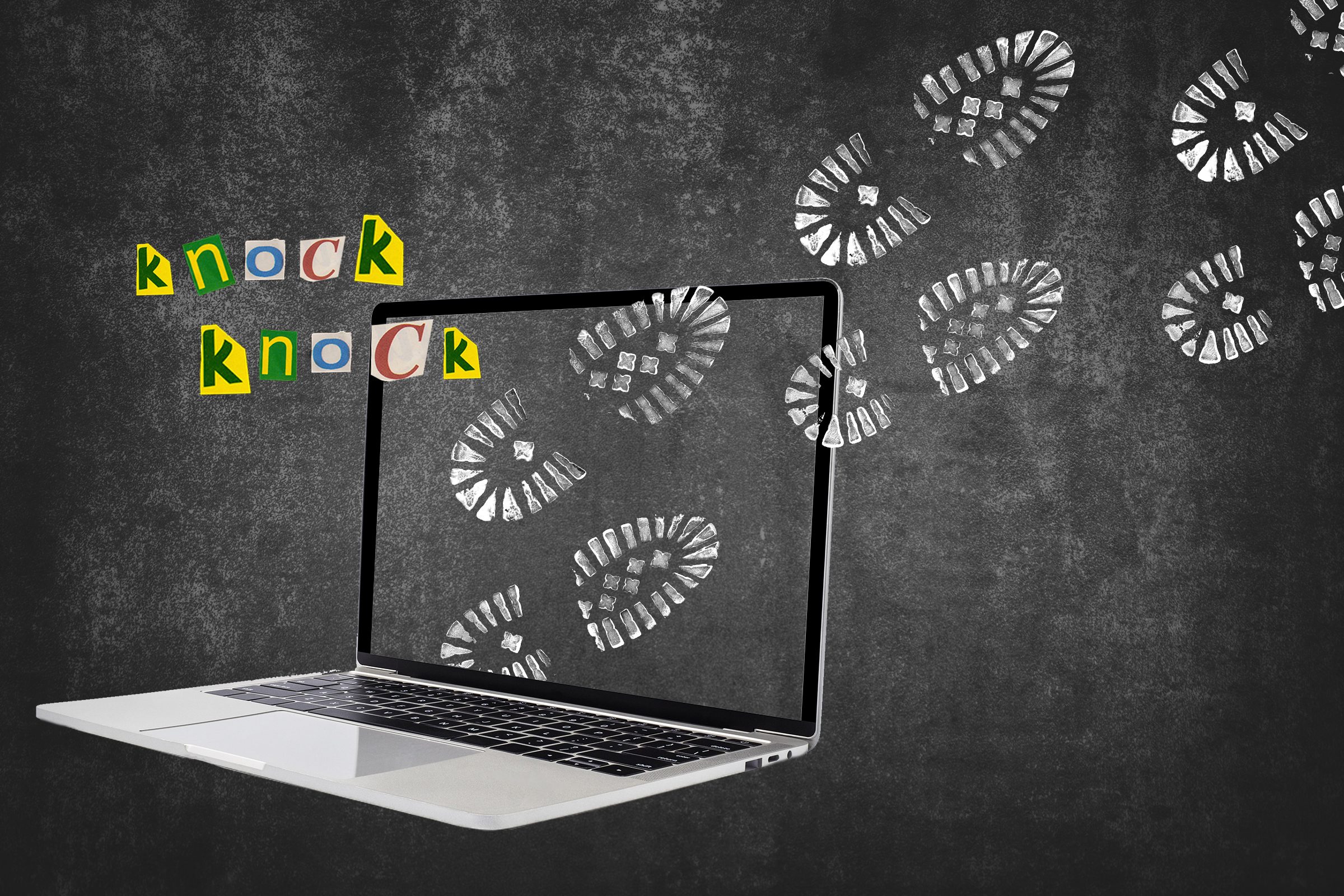 Laptop With Footsteps Emerging From The Screen With Text Knock Knock