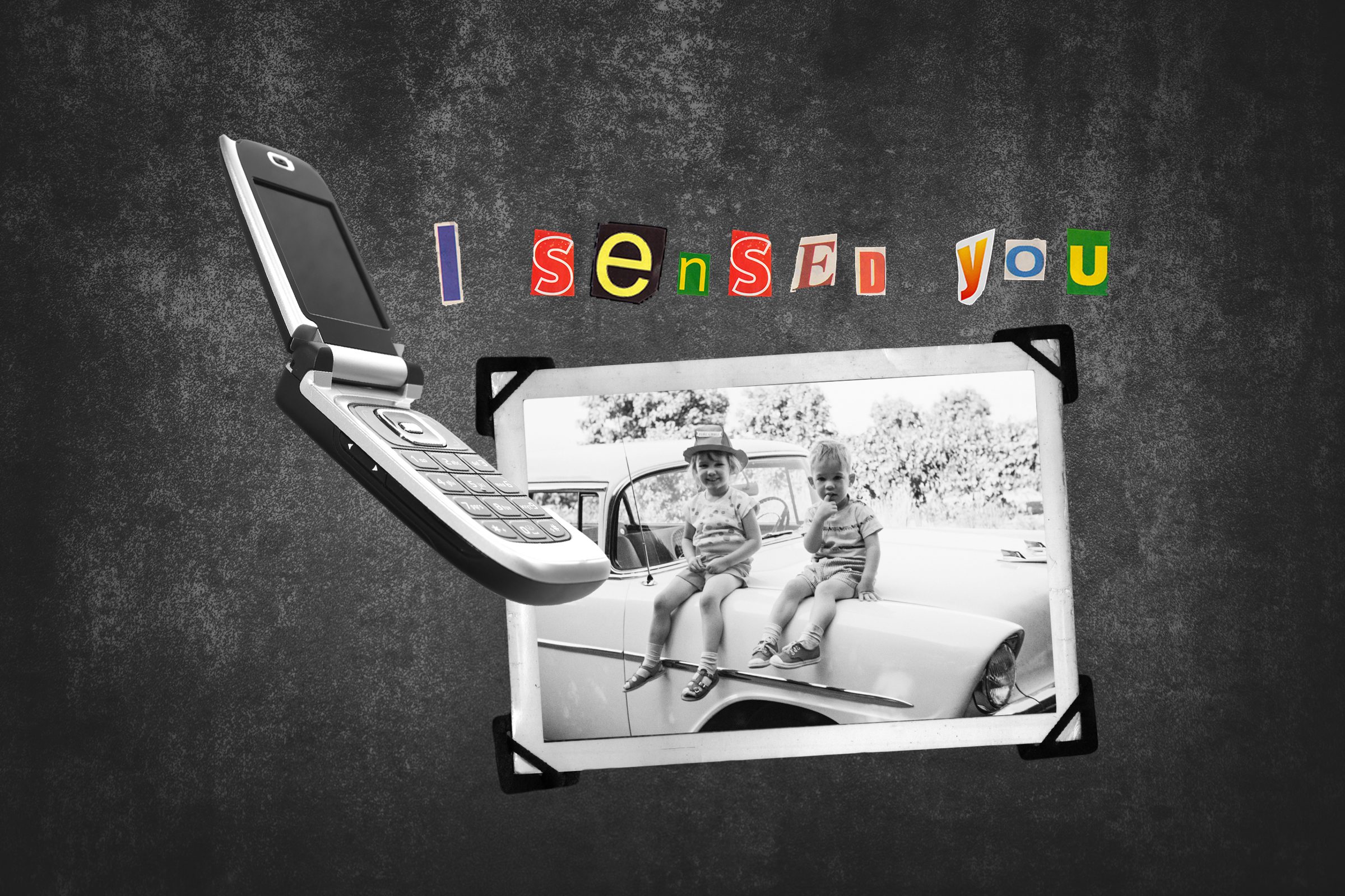 Scrapbook Photograph Of Two Children Next To Flip Cell Phone With Text I Sensed You