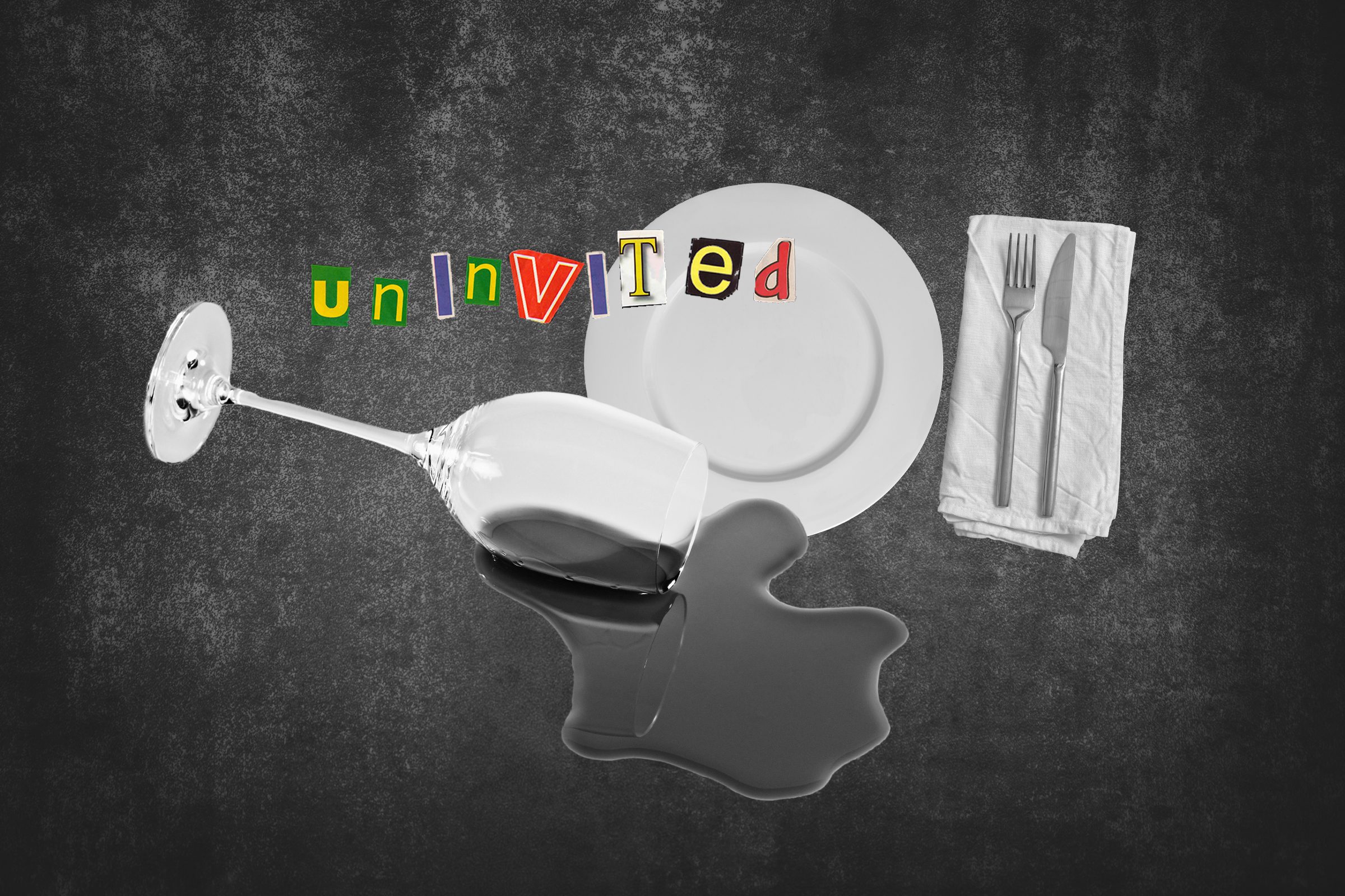 Spilled Wine Glass Next To Placemat Setting With Text Uninvited