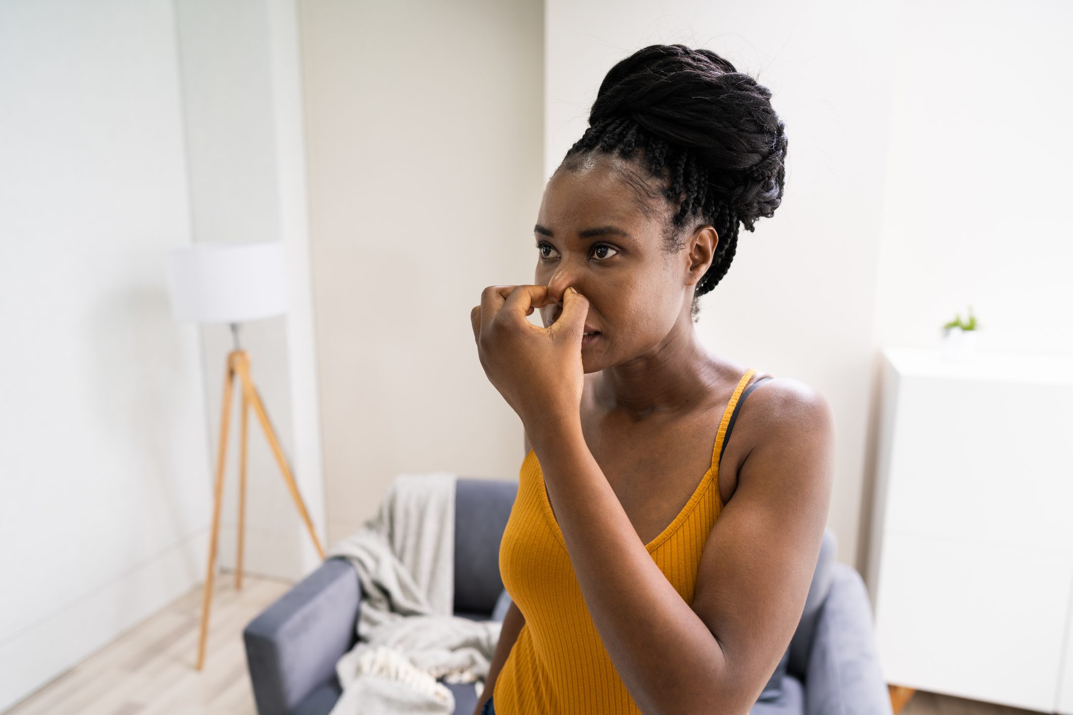 African Woman Feeling Bad Air Smell Or Odor