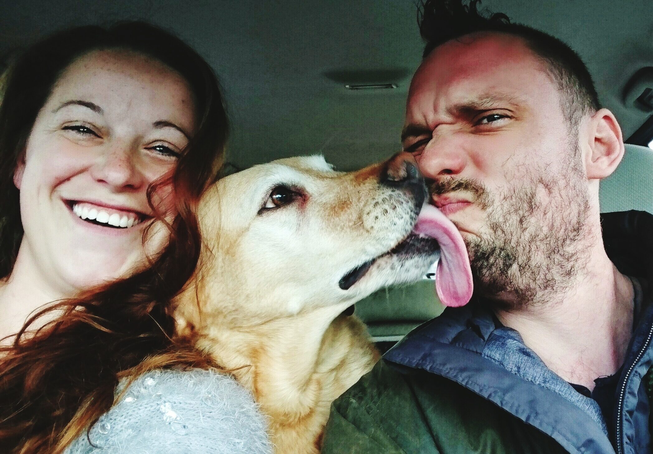 Portrait Of Man And Woman With Dog In Car