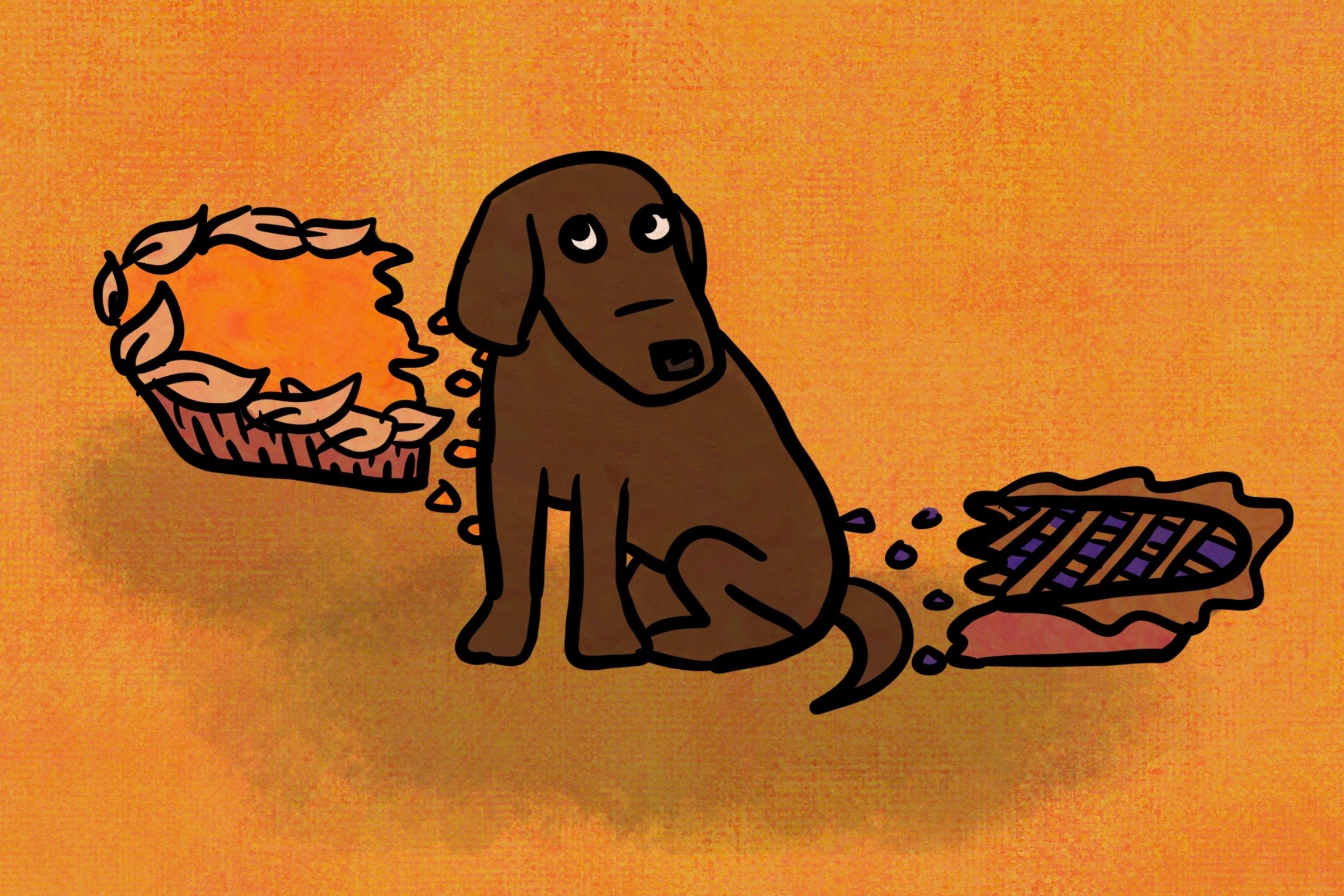 A dog and two half-eaten pies