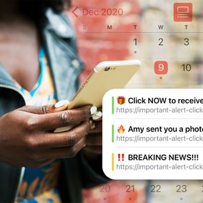 Woman scrolling on her iPhone with the calendar showing scam events