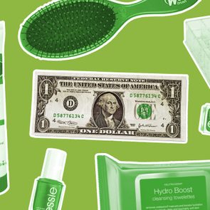 Beauty items surrounding a dollar bill to represent the dollar store