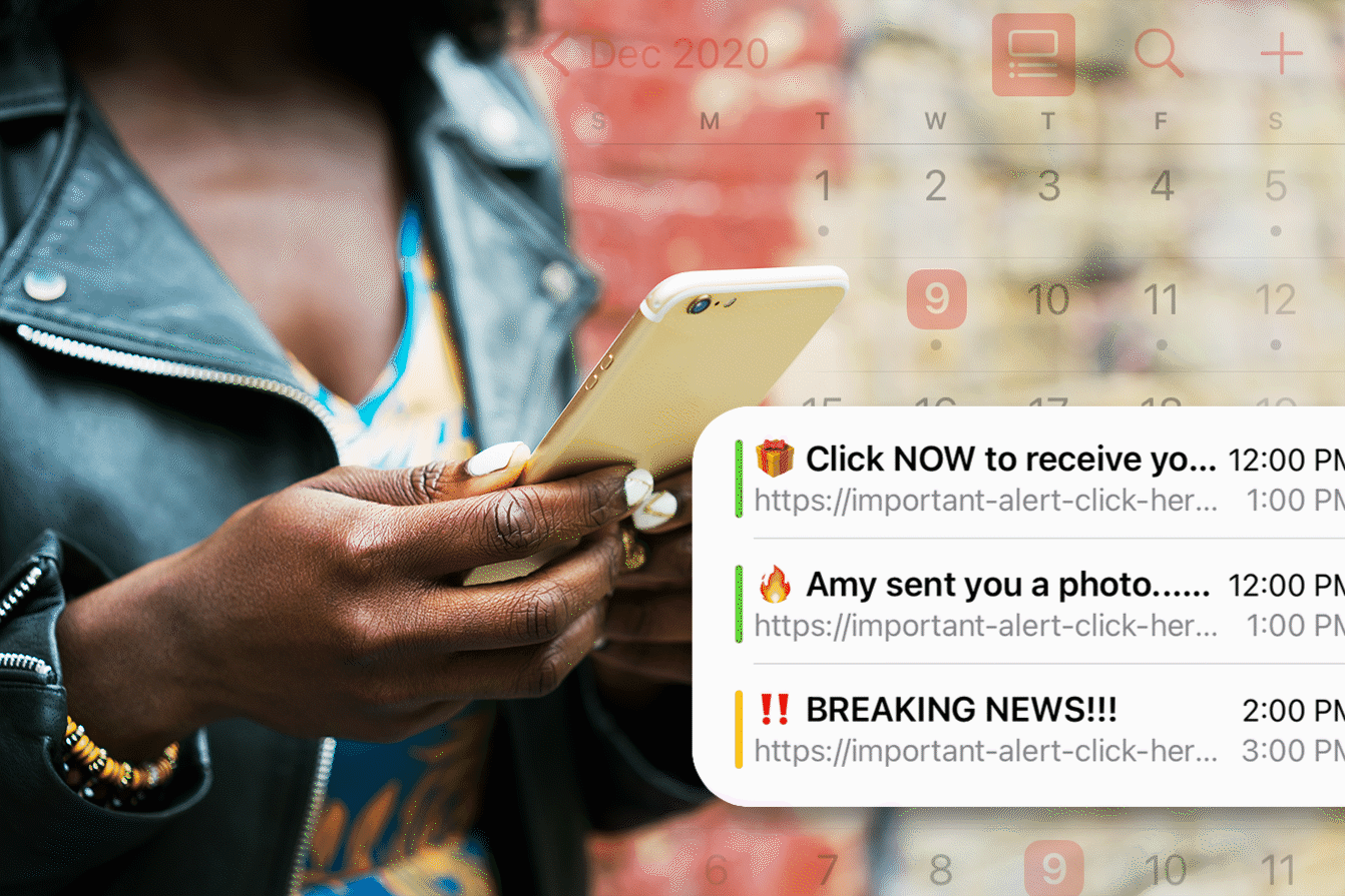 Woman scrolling on her iPhone with the calendar showing scam events