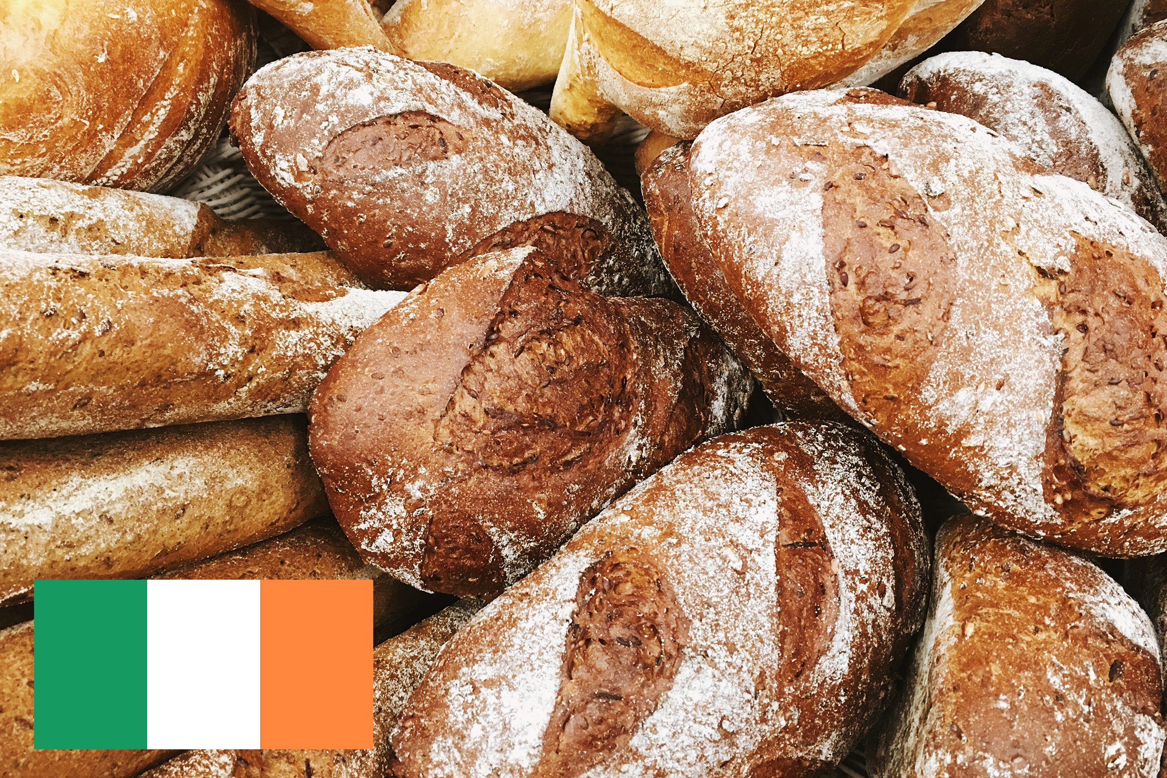 loaves of fresh baked bread with ireland flag