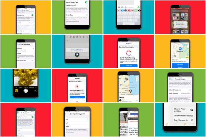 Grid of iphone screens displaying various hacks to save a user time and make life easier