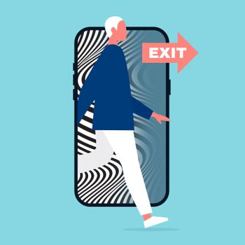 a figure stepping out of the frame of a smartphone with an EXIT sign pointing the way. on the screen is the black and white swirl illusion of doomscrolling