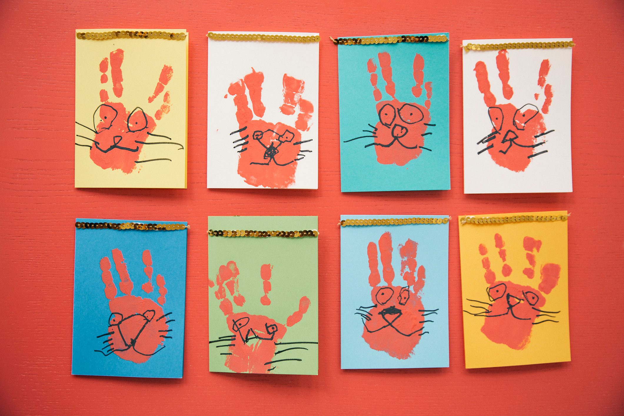 Self-made Easter bunny cards with handprints