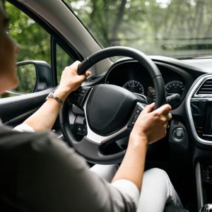 Back view of woman driving car