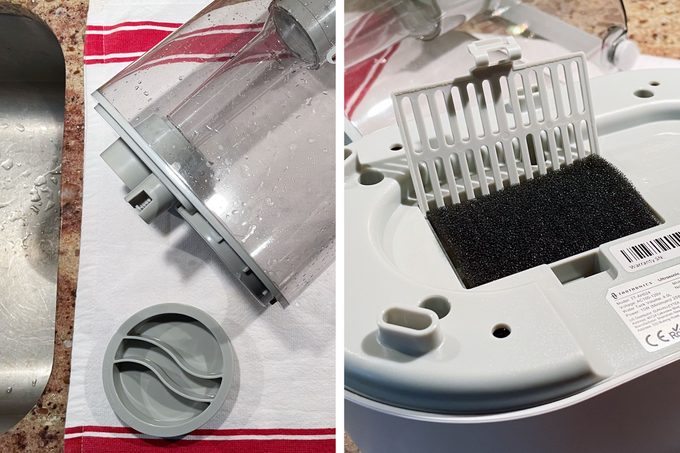 humidifier emptied next to a sink and close up of humidifier filter exposed