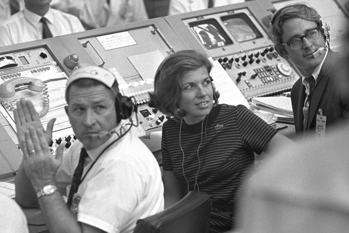 NASA engineer and instrumentation controller for Apollo 11 JoAnn Morgan watches the blast off of Apollo 11 in the Launch Control Center of the Kennedy Space Center on July 16, 1969 in Merritt Island, Florida.