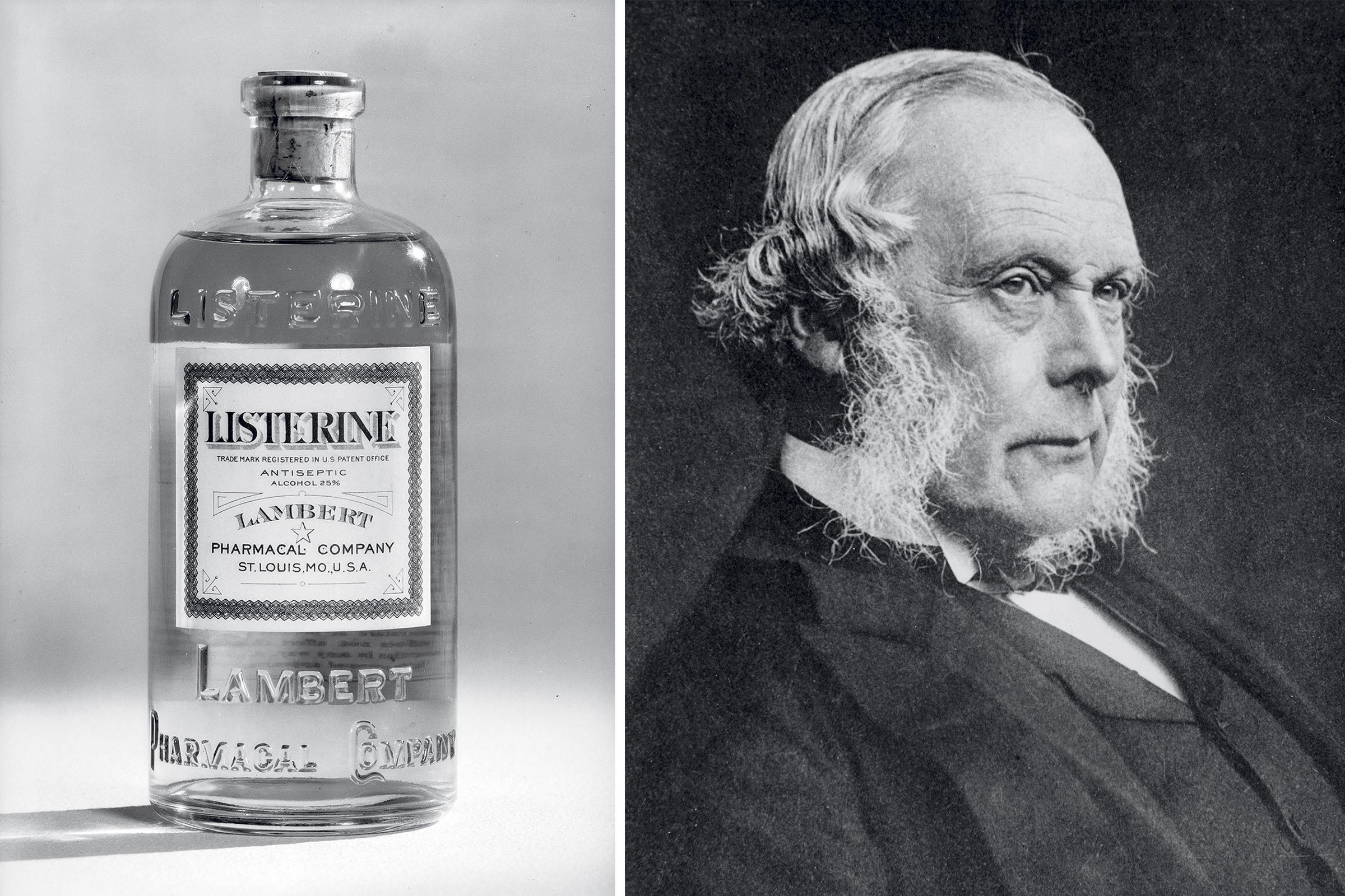 a vintage listerine bottle; portrait of dr. joseph lister