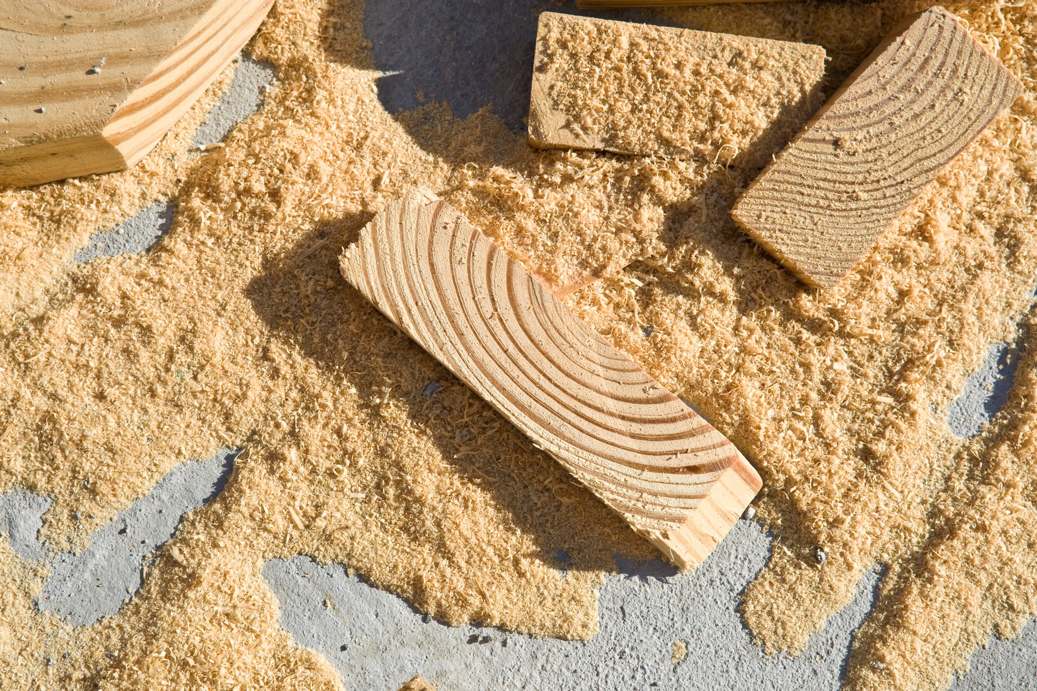 Sawdust and wood sawed from pine 2x4's.